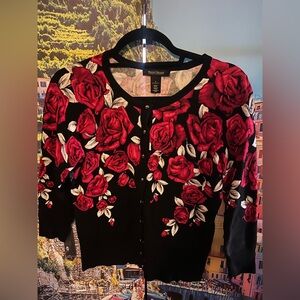 Talbots Black Cardigan with Vibrant Red Roses